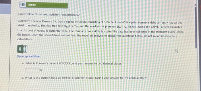 Solved Excel Online Structured Activity: Recapitalization | Chegg.com