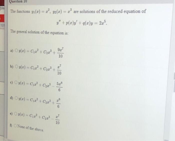 Solved Un Question 10 The Functions Yu X X Y2 X Chegg Com