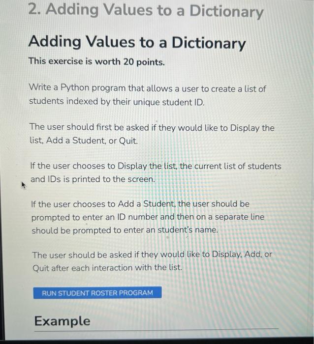 Solved 2. Adding Values to a Dictionary Adding Values to a | Chegg.com