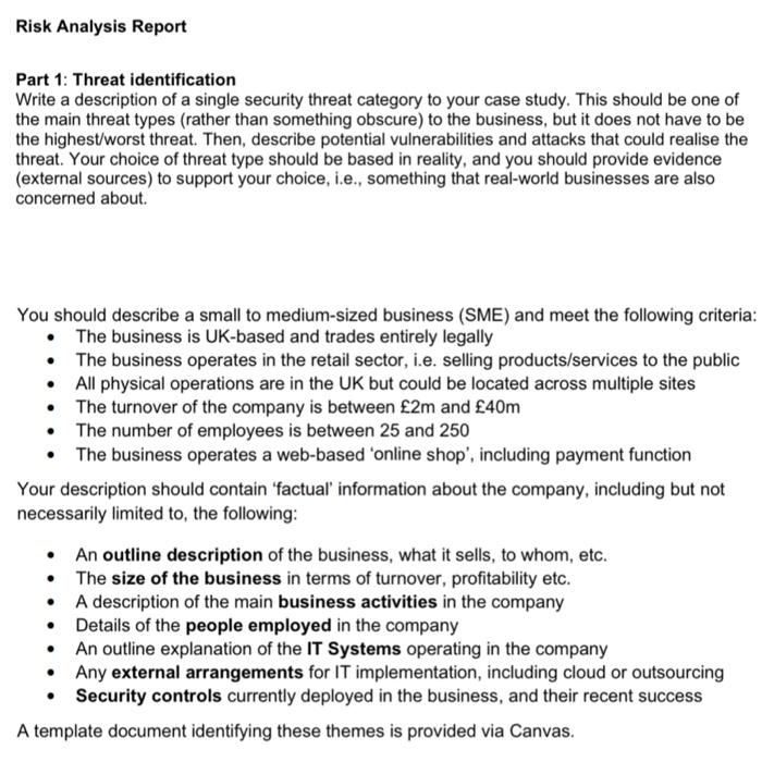 Solved Risk Analysis Report Part 1: Threat identification | Chegg.com