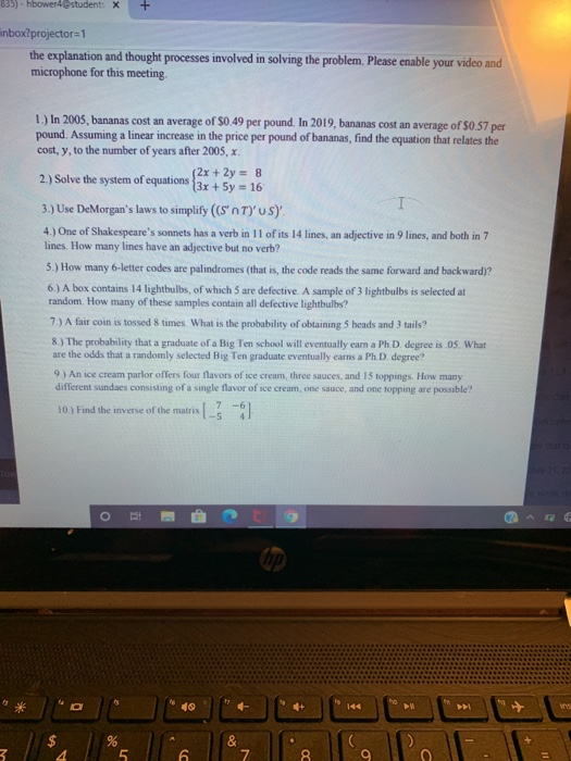 Solved 835) - hbower4@students X inbox?projector 1 the | Chegg.com
