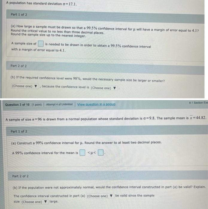 Solved A population has standard deviation o=17.1. Part 1 of | Chegg.com