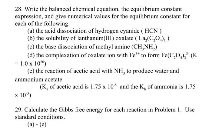 Solved 28. Write the balanced chemical equation, the | Chegg.com