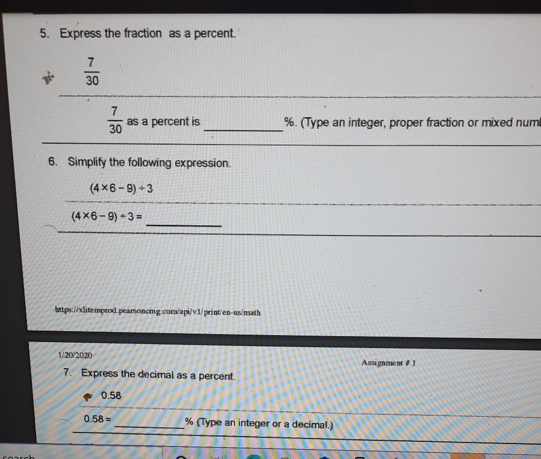 Solved 5. Express the fraction as a percent. 7 30 7 as a | Chegg.com