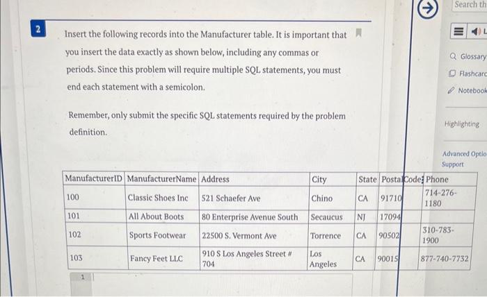 Solved Insert the following records into the Manufacturer | Chegg.com