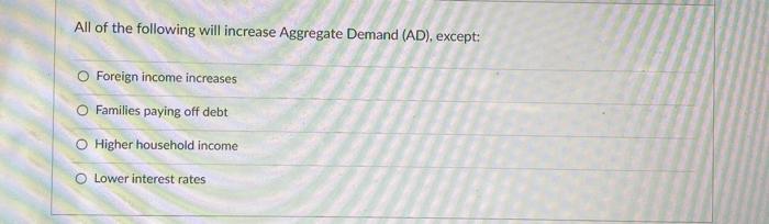 Solved All of the following will increase Aggregate Demand | Chegg.com