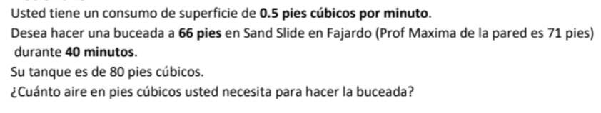 Usted tiene un consumo de superficie de 0.5 pies cúbicos por minuto. Desea hacer una buceada a 66 pies en Sand Slide en Fajar