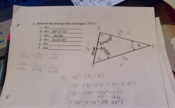 Solved 2015 B a 1. Solve for the missing sides and angles. | Chegg.com