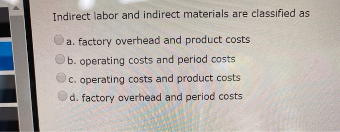 Solved Indirect labor and indirect materials are classified 