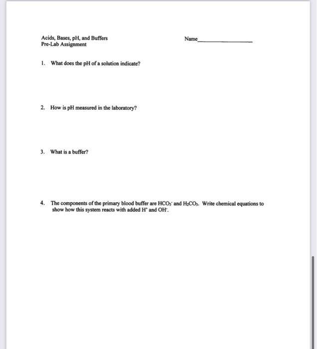 Name Partner Acids, Bases, pH, and Buffers Report