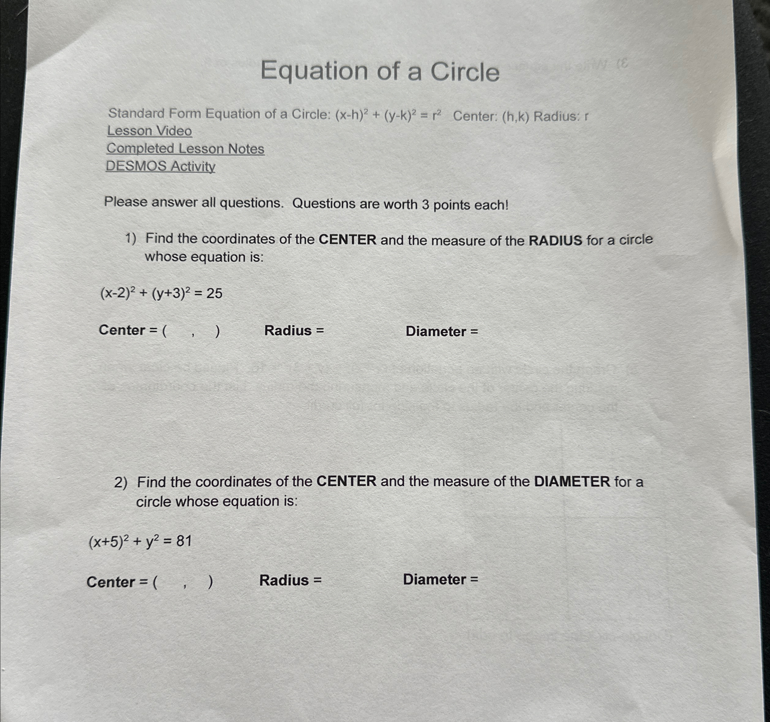 Solved Equation of a CircleStandard Form Equation of a | Chegg.com