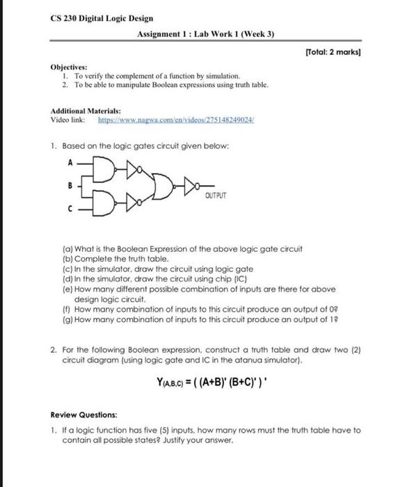 Solved CS 230 Digital Logic Design Assignment 1: Lab Work 1 | Chegg.com