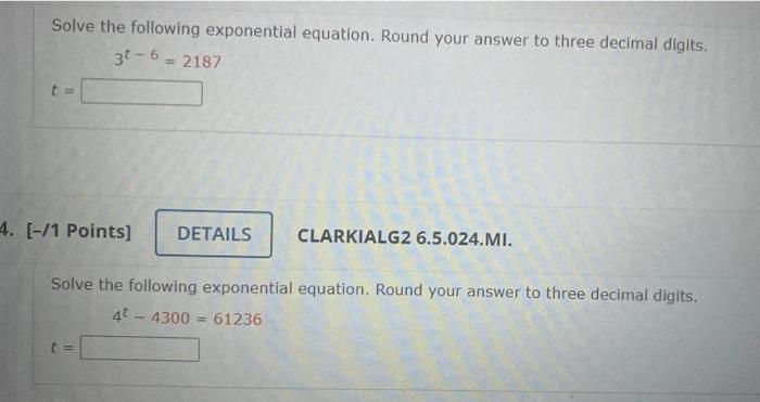 Solved Solve the following exponential equation. Round your | Chegg.com