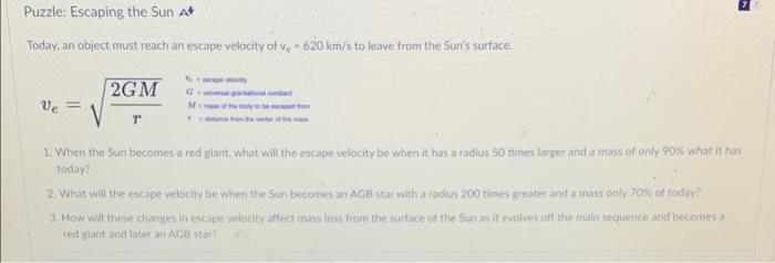 Solved Puzzle: Escaping the Sun A Today, an object must | Chegg.com