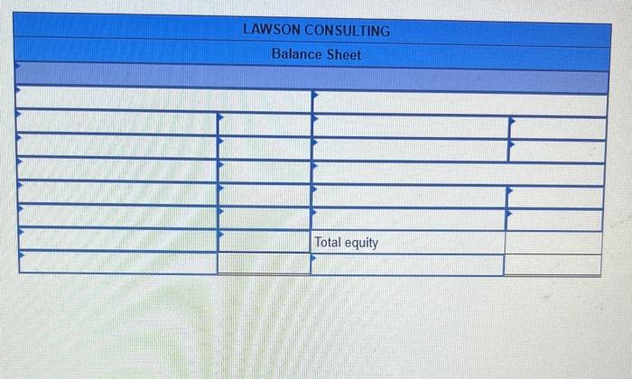 \begin{tabular}{|l|l|l|}
\hline LAWSON CONSULTING \\
\hline Balance Sheet \\
\hline & & \\
\hline
\end{tabular}