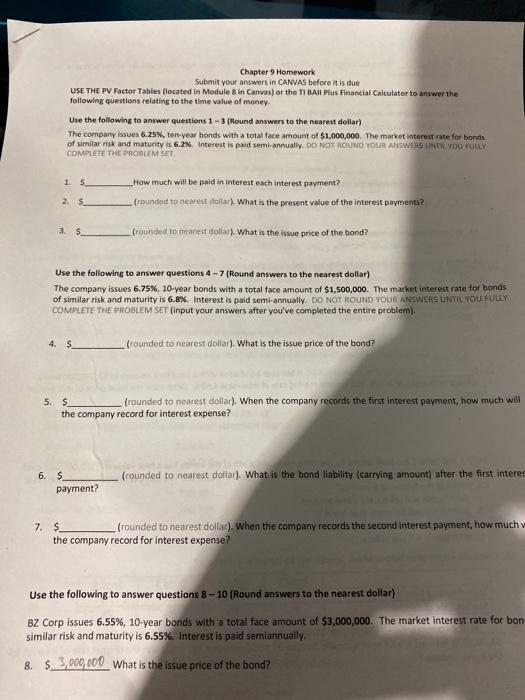 Solved Chapter 9 Homework Submit your answers in CANVAS | Chegg.com