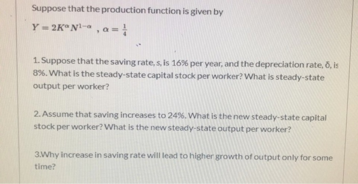 Solved Suppose that the production function is given by Y = | Chegg.com