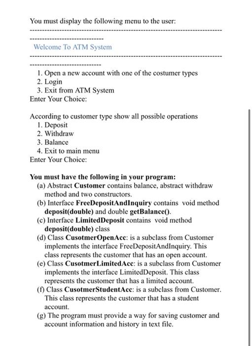Solved design an atm project using java language please | Chegg.com
