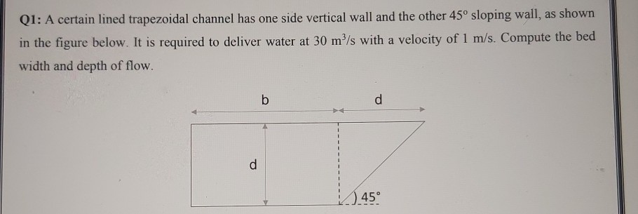 Solved A certain lined trapezoidal channel has one side | Chegg.com