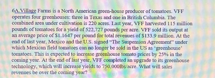 6A. Village Farms is a North American green-house producer of tomatoes. VFF operates four greenhouses: three in Texas and one