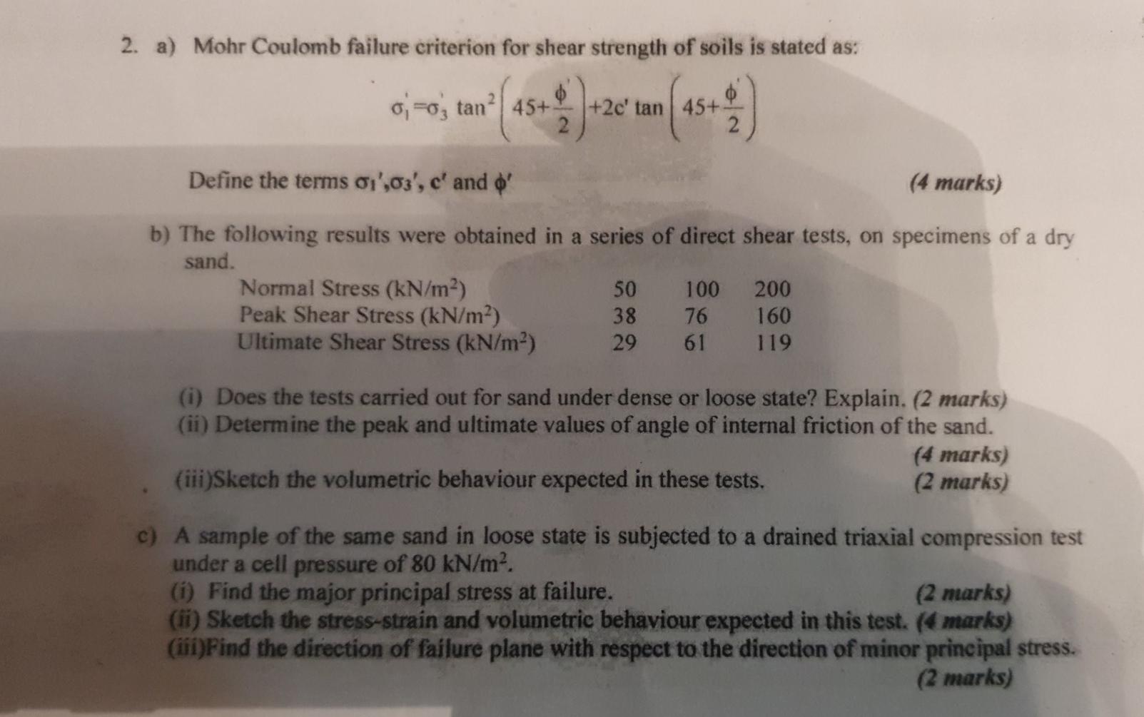 Solved 2. a) Mohr Coulomb failure criterion for shear | Chegg.com
