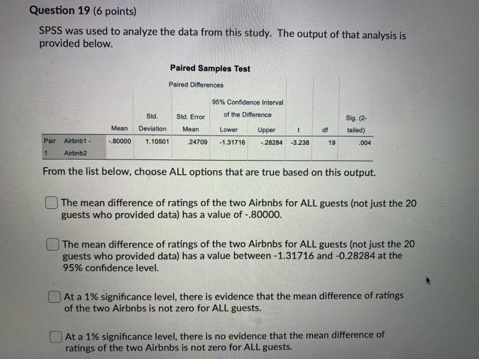 Solved Question 19 (6 points) SPSS was used to analyze the | Chegg.com