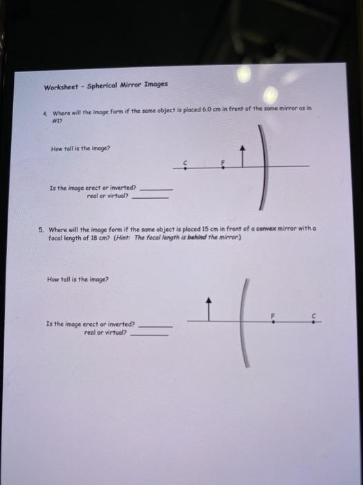 Worksheet - Spherical Mirror Images Where will the | Chegg.com