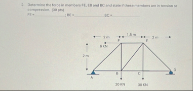 Solved Determine the force in members FE, ﻿EB and BC and | Chegg.com