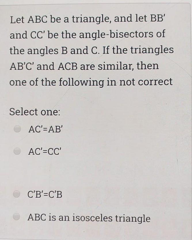 Solved Let ABC be a triangle, and let BB' and CC' be the | Chegg.com