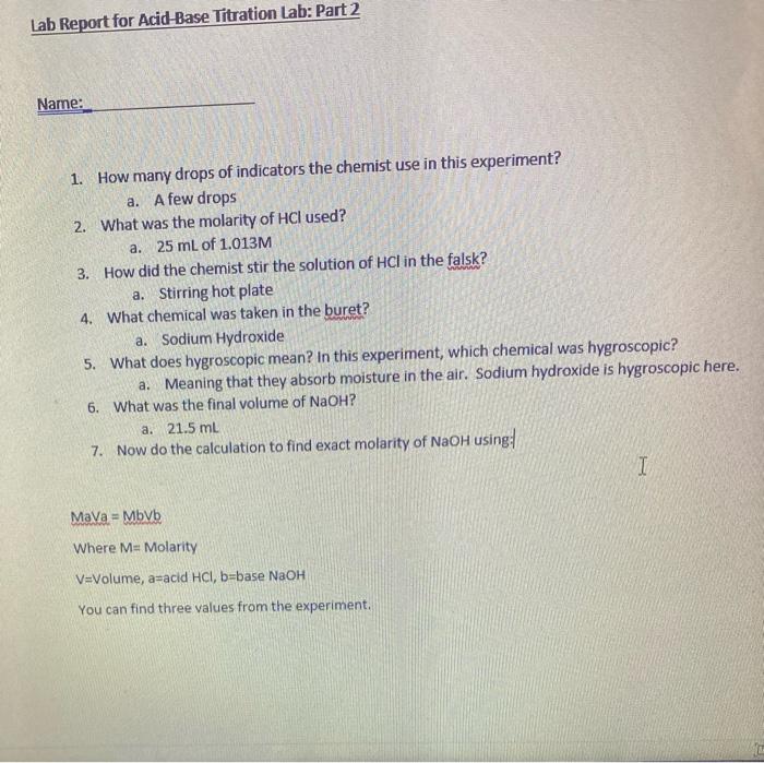 Solved Lab Report For Acid-Base Titration Lab: Part 2 Name: | Chegg.com