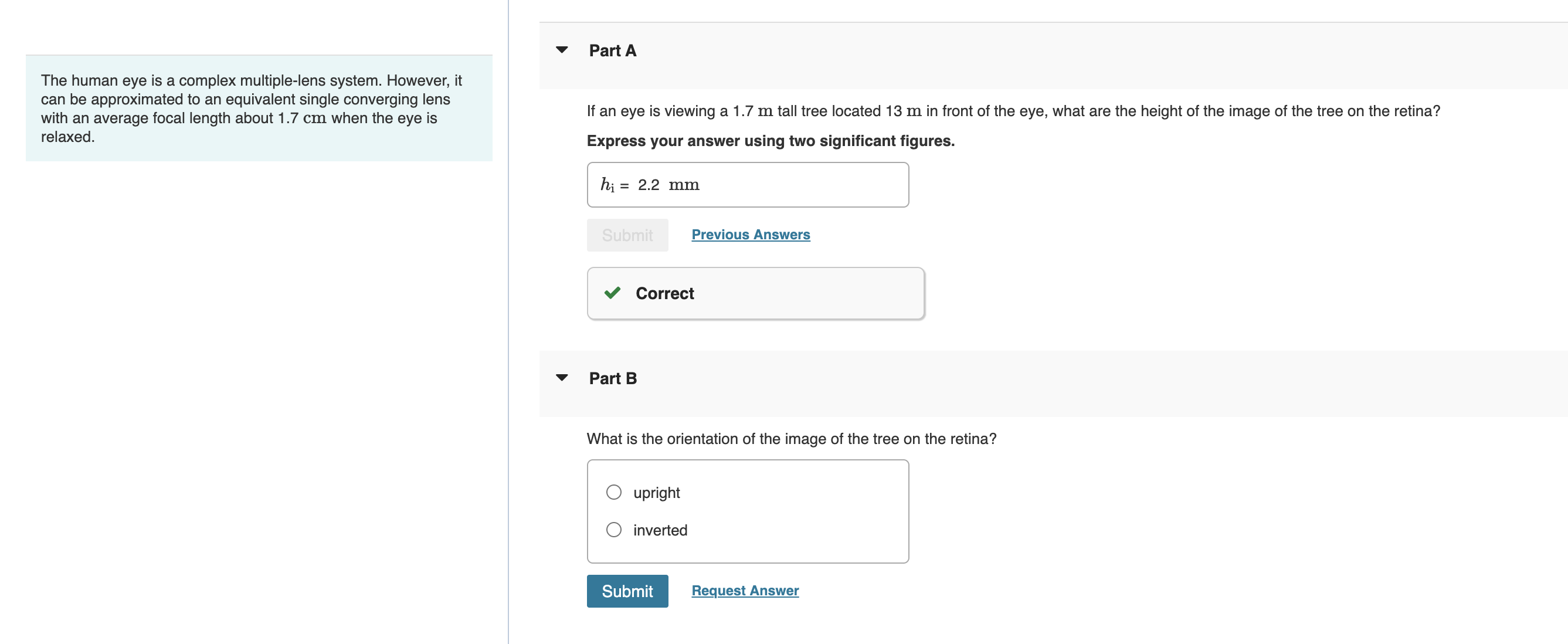 Solved Part A The human eye is a complex multiple-lens | Chegg.com