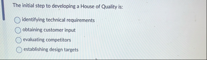 Solved The initial step to developing a House of Quality | Chegg.com