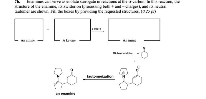 7b. Enamines can serve as enolate surrogate in reactions at the \( \alpha \)-carbon. In this reaction, the structure of the e