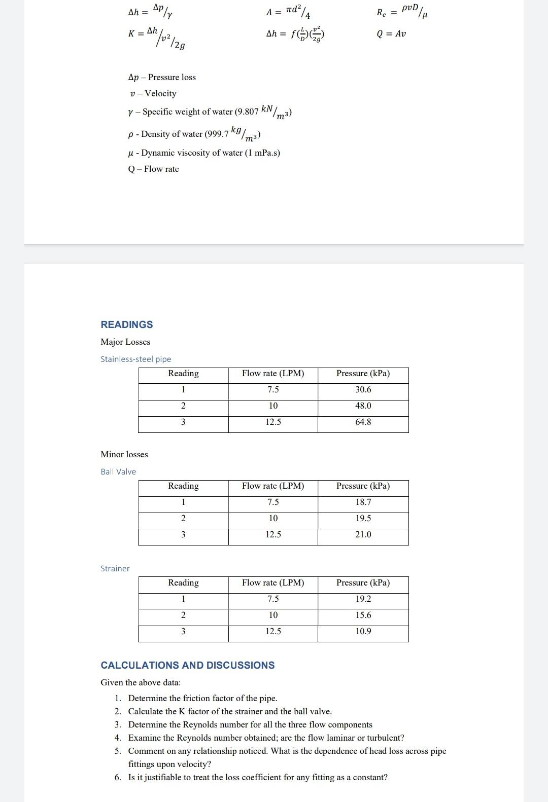 Solved Friction Losses in Pipes and Flow Components SPECIFIC