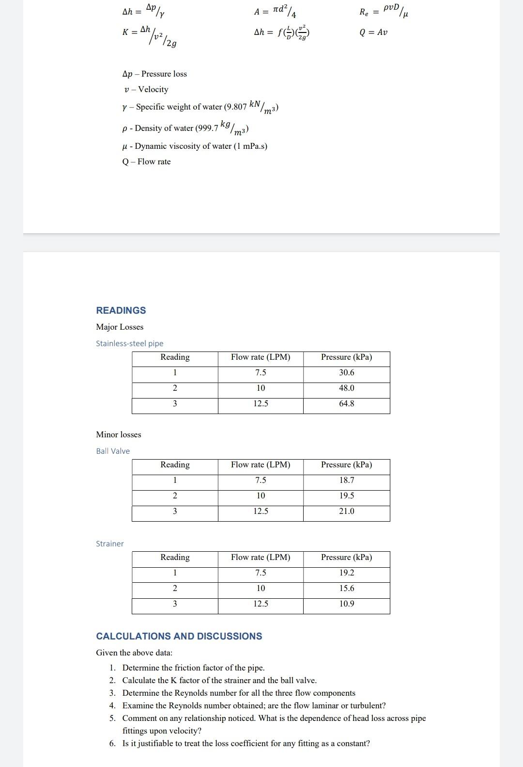 Solved Friction Losses In Pipes And Flow Components SPECIFIC | Chegg.com