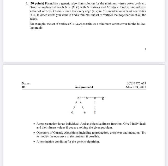 3. [20 points) Formulate a genetic algorithm solution | Chegg.com