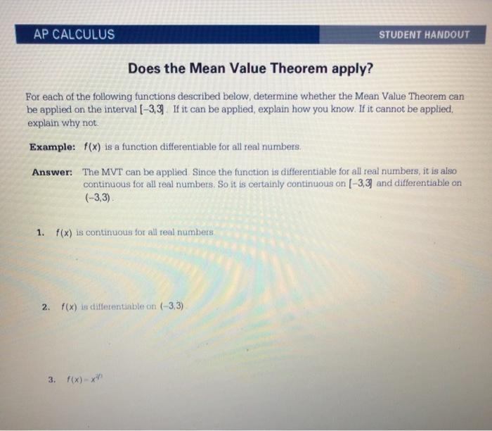 Solved AP CALCULUS STUDENT HANDOUT Does the Mean Value | Chegg.com