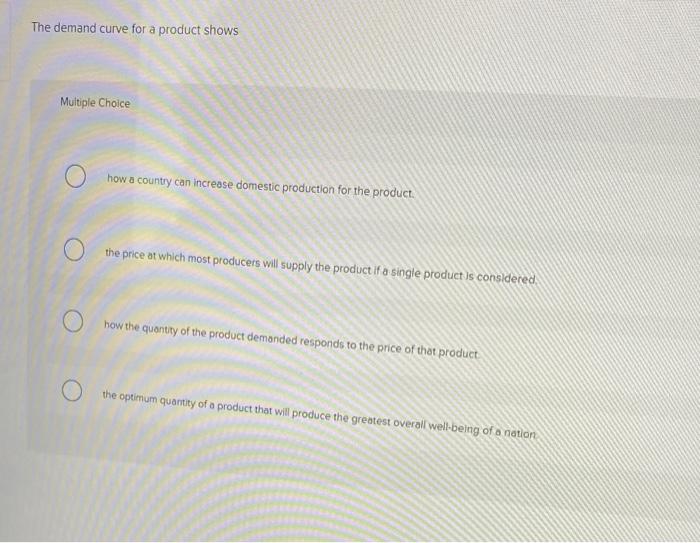 Solved The demand curve for a product shows Multiple Choice | Chegg.com