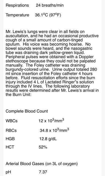 Respirations 24 breaths/min Temperature 36.1°C (97°F) Mr. Lewiss lungs were clear in all fields on auscultation, and he had