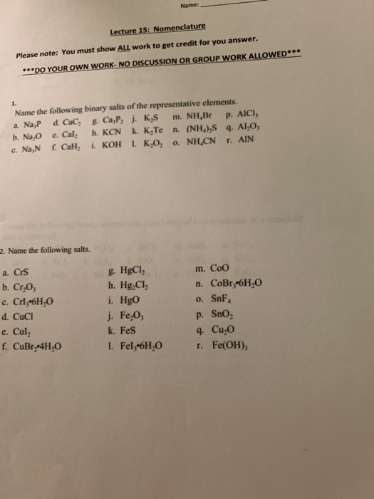 Solved Name Lecture 15 Nomenclature Please Note You Mu Chegg Com