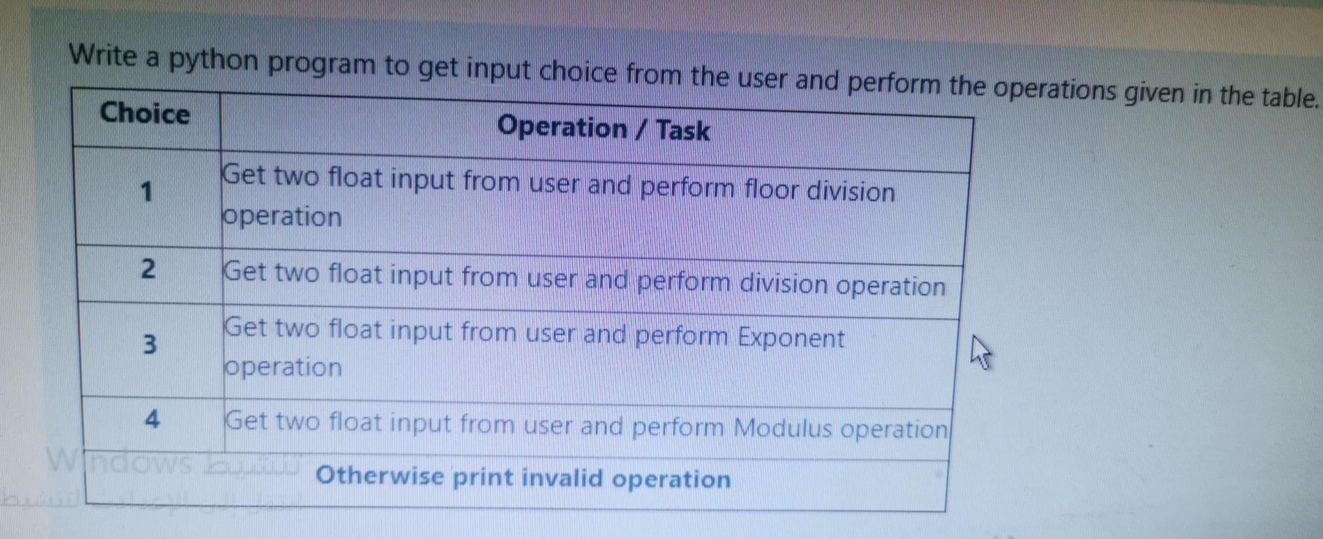 Solved Write a python program to get input choice from the | Chegg.com