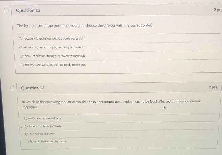 Solved The four phases of the business cycle are: (choose | Chegg.com