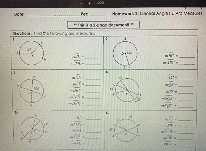 Solved 100 Date Per Homework 2 Central Angles Arc Chegg