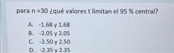 para n = 30 ¿qué valores t limitan el 95 % central? A. -1.68 y 1.68 B. -2.05 y 2.05 C. -2.50 y 2.50 D. -2.35 y 2.35