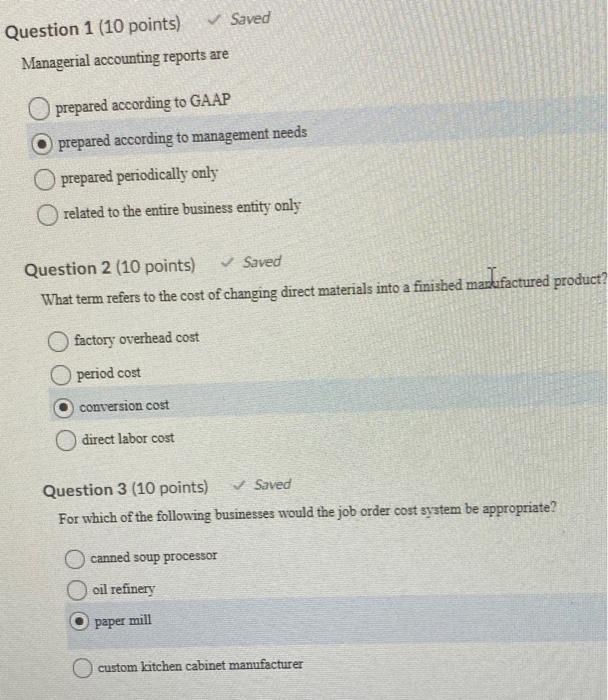 Solved Question 1 (10 points) Saved Managerial accounting | Chegg.com