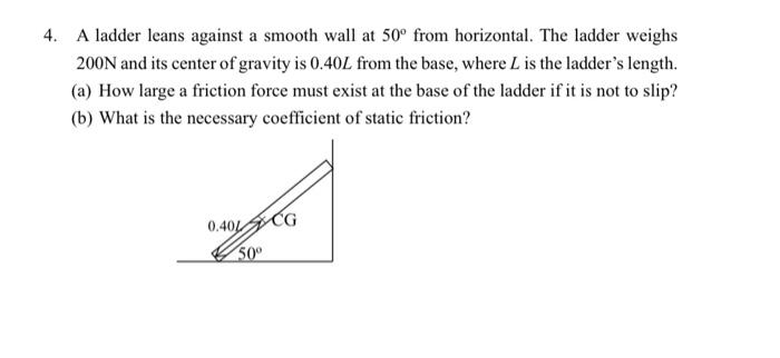 Solved 4. A ladder leans against a smooth wall at 500 from | Chegg.com
