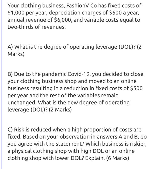 Solved Your clothing business, FashionV Co has fixed costs | Chegg.com