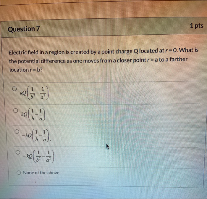 Solved 1 pts Question 7 Electric field in a region is | Chegg.com
