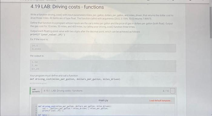 4.19 LAB: Driving costs - functions Write a function | Chegg.com