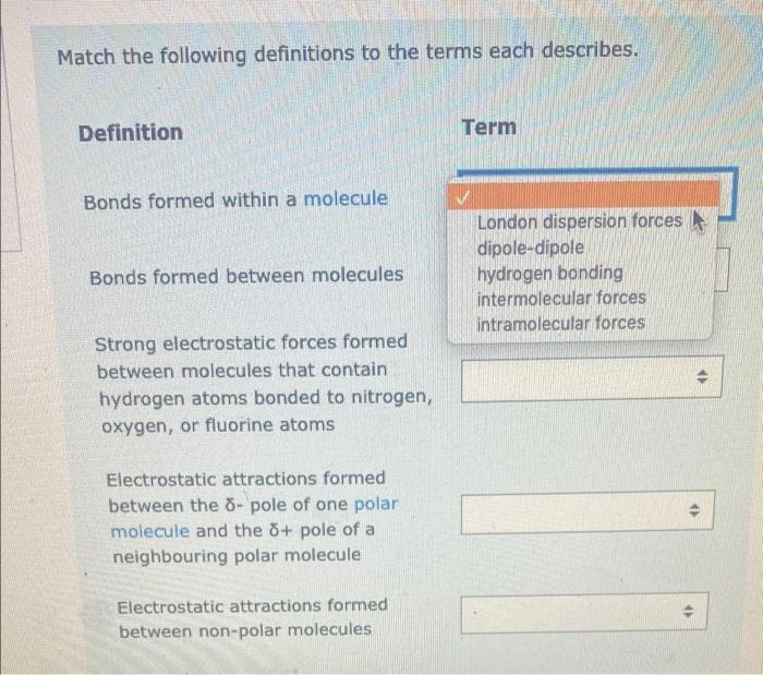 Solved Match the following definitions to the terms each | Chegg.com